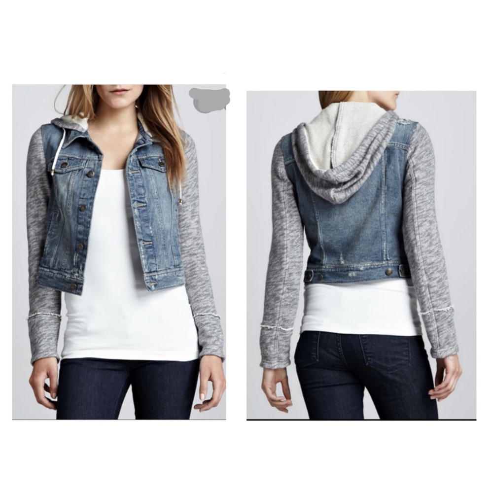 FREE PEOPLE heathered grey hooded sweatshirt distressed denim jean jacket Small